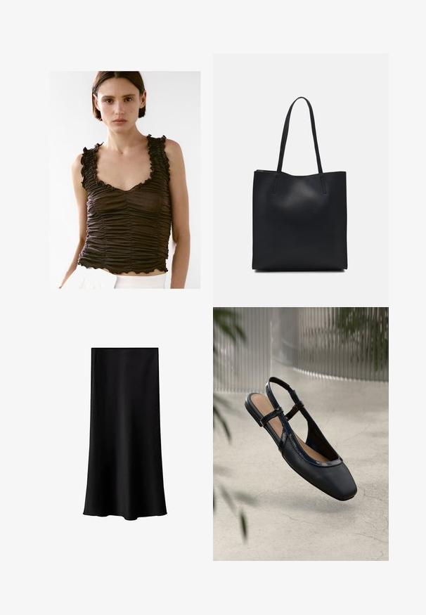 Débardeur marron froncé avec des bords festonnés et des bretelles volantées, présentant une coupe ajustée et une texture douce, porté sur un bas blanc.; Jupe midi noire en tissu lisse et léger. Présente une coupe droite, sans accessoires visibles, et un design simple sans motifs.; Chaussure plate slingback en cuir noir avec un orteil carré, dotée d'un fini verni brillant et de sangles ajustables pour un maintien sécurisé.; Sac fourre-tout en cuir noir avec une texture lisse, de forme rectangulaire et deux longues poignées. Pas de matériel ou d'ornementations visibles.