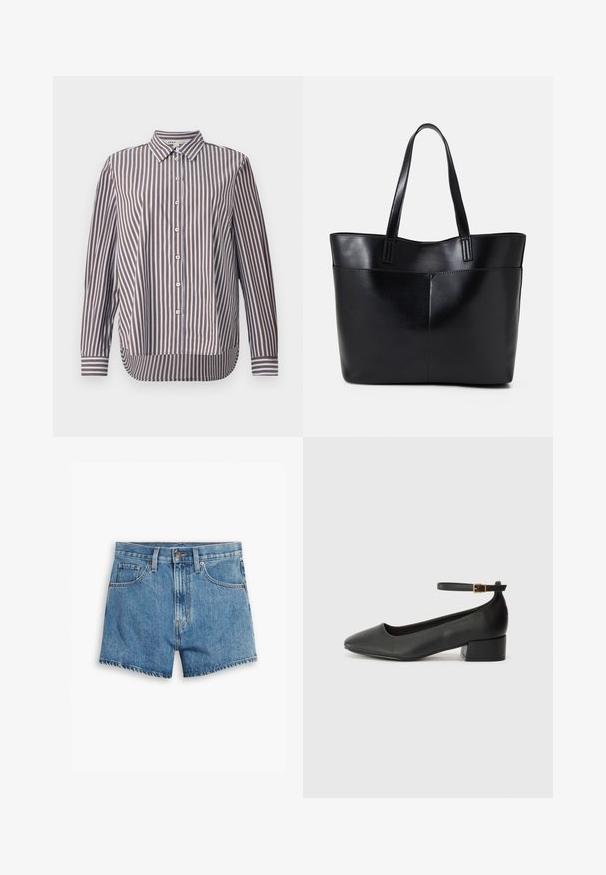 Button-up shirt made from cotton, featuring vertical brown and light blue stripes, a pointed collar, and long sleeves with button cuffs.; Denim shorts in light blue, featuring five pockets, a zip fly, and a button closure. The hem is frayed with a relaxed fit design.; Black leather pump with a pointed toe and a low block heel. Features an ankle strap with a gold-tone buckle. Smooth texture.; Black leather tote bag with two long handles, a smooth texture, and a structured shape. Features a front pocket for additional storage.
