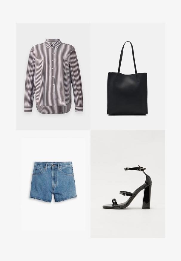 Knappad skjorta i bomull med vertikala bruna och ljusblå ränder, en spetsig krage och långa ärmar med knappmanchetter.; Jeansshorts i ljusblått, med fem fickor, dragkedja och knäppning. Stapeldelen är fransig med en avslappnad passform.; Svarta lackerade högklackade sandaler med två spännband, fyrkantig tå och en tjock klack, med en slät och glansig yta.; Svart lädertoffelväska med slät textur, rektangulär form och två långa handtag. Ingen synlig hårdvara eller dekorationer.