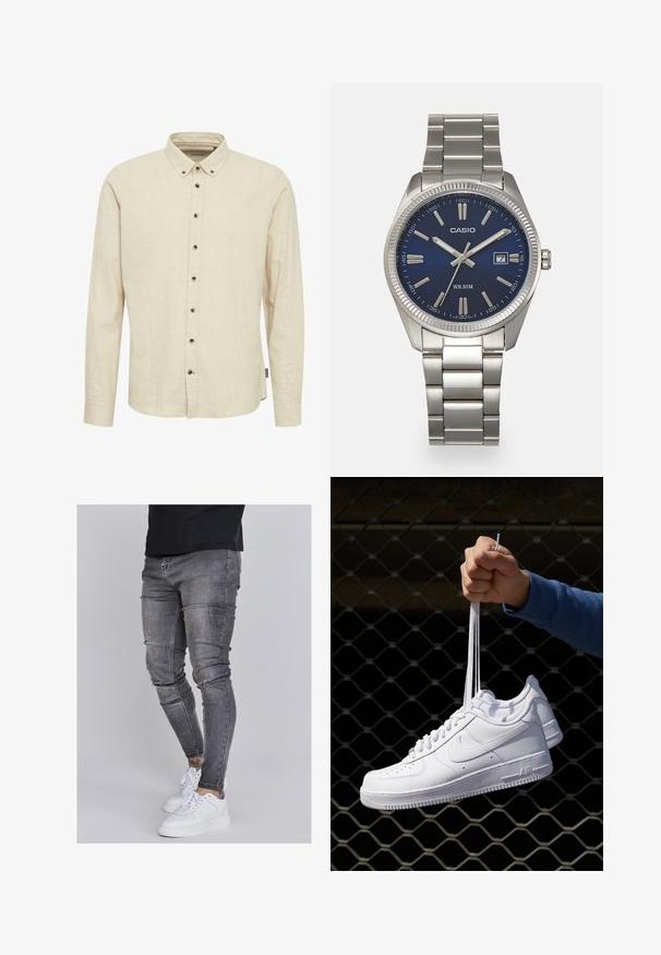 Beige langærmet skjorte lavet af struktureret stof, med en skjortekrave og mørke knapper foran.; Slank jeans i falmet grå denim med slidte detaljer ved knæene, parret med hvide sneakers. Glat tekstur, slim fit design.; Hvide lædersneakers med perforeringer, rund tå, flad sål og tykke snørebånd, med et synligt swoosh-logo og "AIR" på hælen.; Sølv rustfrit stål urrem med en marineblå urskive, metallic timemarkører og et datovindue kl. 3. Vandafvisende op til 50 meter.