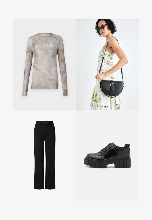 Pitkähihaisen paita, jossa on vaaleanbeige ja taupe sekoitus, marmoroitu pinta, pyöreä kaula-aukko ja vartalonmyötäinen muotoilu, sisällä merkki "WEEKDAY".; Mustat, korkeavyötäröiset housut suoran lahkeen muotoilulla, valmistettu sileästä puuvillakankaasta. Varustettu etutaskuilla ja yksinkertaisella metallinappikiinnityksellä.; Mustat nahkakengät, joissa on lättihenkinen korko, pyöreä kärki ja perinteinen nauhakiinnitys. Ominaisuuksiin kuuluu sileä pintakuvio ja minimaalinen yksityiskohtaisuus.; Musta nahkainen käsilaukku, joka on kaareva muotoilultaan, irrotettavalla hihnalla ja kultaisilla yksityiskohdilla. Laukussa on läppä, jossa on solk yksityiskohta.