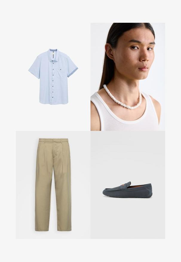 Camicetta azzurra chiara a maniche corte realizzata in tessuto testurizzato, con chiusura a bottoni, una tasca sul petto e polsini a contrasto di un blu più scuro.; Pantaloni beige a vita alta con taglio dritto, dotati di una parte frontale liscia, tasche laterali e un tessuto morbido e testurizzato.; Mocassini grigi perforati con design slip-on, caratterizzati da un accento arancione, punta arrotondata e suola in gomma testurizzata.; Collana di conchiglie bianche composta da forme irregolari, indossata sopra una maglietta bianca aderente. Texture liscia con una leggera lucentezza, design aderente.