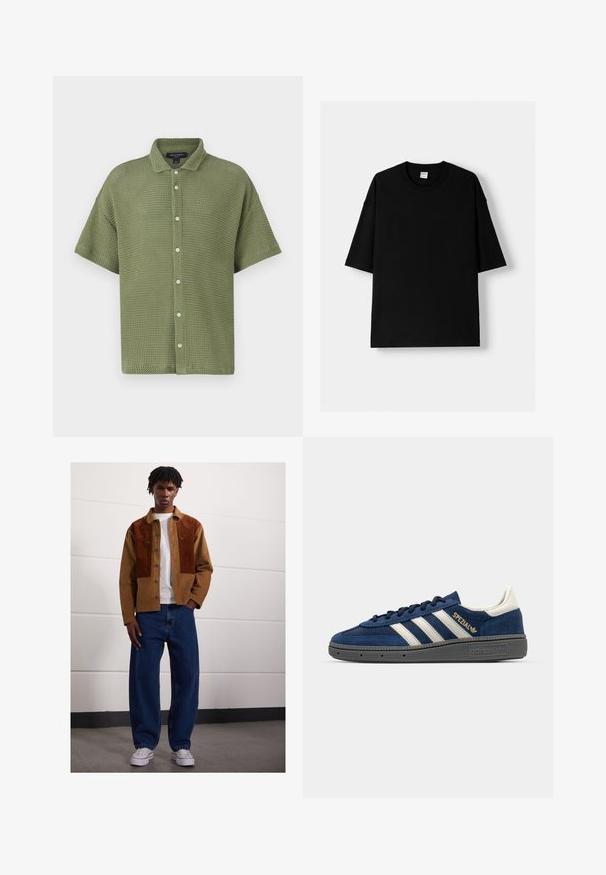 Cămașă cu mânecă scurtă dintr-un material texturat de culoare verde măslin, având un sistem de închidere cu nasturi și un design clasic al gulerului.; Tricou din bumbac negru, cu mâneci scurte, guler rotund și o croială lejeră. Textură netedă și design minimalistic, fără modele sau accente.; Bărbat stând în interior, purtând un sacou din corduroy maro cu pete de rugină, tricou alb, blugi largi albaștri și adidași albi.; Tenisi din suede bleumarin cu dungi albe, detaliu auriu "Spezial", talpă texturată gri, vârf rotund și șireturi asortate. Design clasic.