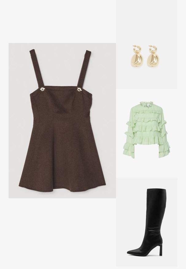 Světle zelená blůza s vícevrstvými volány na těle a rukávech. Jemná látka s vysokým volánovým límcem a dlouhými rozšířenými rukávy.; Hnědé bezramínkové šaty s nastavitelnými páskami, vybavené zlatými akcenty a rozšířeným A-liniovým designem. Textura z vlněné směsi.; Even&Odd Vysoká obuv - black; Zlaté kruhové náušnice s hladkými, zaoblenými přívěsky s reflexním povrchem, zavěšené na texturovaném kroužkovém upevnění.