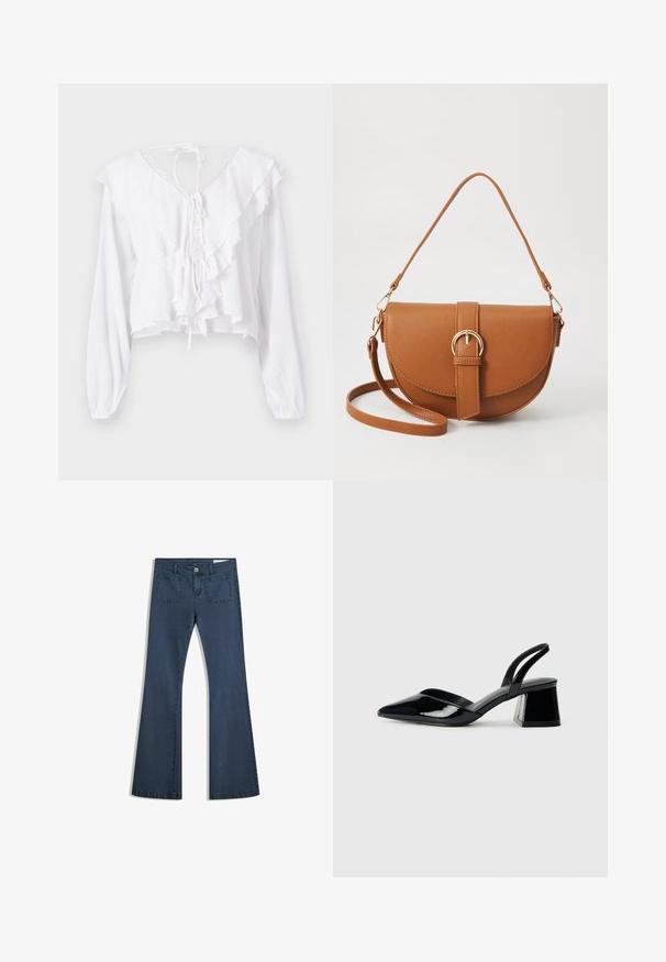 Blusa bianca a maniche lunghe con scollatura arricciata e fiocco sul retro. Presenta un tessuto testurizzato e un design cropped con una vestibilità morbida.; Jeans in denim blu scuro a fiala con tasche cucite, chiusura con bottone e una texture liscia. Presenta un classico design a cinque tasche.; Décolleté in vernice nera con punta affusolata e tacco in geometria cubica. Presentano un design elegante e minimalista, con una texture liscia.; Borsa a tracolla in pelle marrone con forma curvata, hardware dorato e un dettaglio con fibbia. Presenta una tracolla rimovibile.