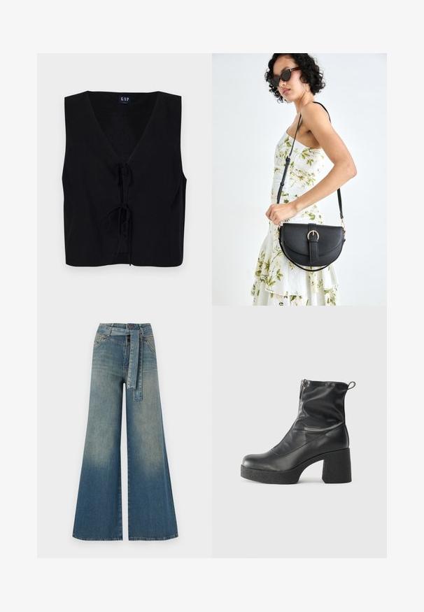 Black sleeveless top with a v-neckline, featuring a front tie closure. Made from a smooth fabric with a textured finish. Simple design.; Wide-leg denim trousers featuring a light to dark blue gradient, high waist, belt loops, and a matching fabric belt. Textured denim finish.; Black ankle boots made of smooth leather, featuring a side zipper, chunky textured heel, and rounded toe design.; Black leather handbag with a curved shape, detachable strap, and gold hardware. The bag features a flap with a buckle detail.