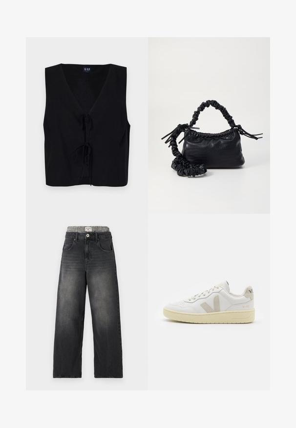 Schwarzes ärmelloses Oberteil mit V-Ausschnitt und einer Frontknüpfung. Hergestellt aus einem glatten Stoff mit strukturiertem Finish. Einfaches Design.; Schwarze Jeans mit weitem Bein aus Denim und einem Hahnentritt-Muster am Bund. Merkmale sind Fronttaschen und ein Knopfverschluß. Mit einem abgenutzten Look.; Weiße Ledersneaker mit beigen Wildlederakzenten, perforierte Zehenbox, flache Schnürsenkel und eine strukturierte cremefarbene Sohle. Mit dezentem Branding an der Ferse.; Schwarze Handtasche aus Kunstleder mit Krokodilstruktur, gerafftem oberen Teil und einem geschoppten Tragegurt. Sie wirkt weich und kompakt im Design.