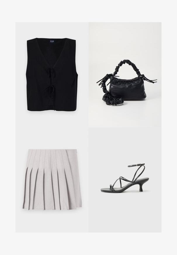 Top preto sem mangas com decote em V, apresentando um fecho frontal com laço. Feito de um tecido suave com um acabamento texturizado. Design simples.; Saia cinza plissada com uma textura suave, apresentando múltiplos pregas verticais e uma cintura ajustada. Feita de tecido leve.; Sandálias pretas de salto alto com tiras finas, design aberto na ponta e um pequeno salto largo. O material parece suave e brilhante.; Bolsa de mão em couro sintético preto com textura de crocodilo, topo franzido e alça enrugada. Apresenta um design suave e compacto.
