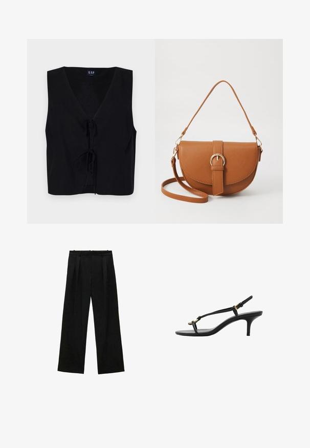 Čierny top bez rukávov s výstrihom do V, so zaväzovaním vpredu. Vyrobený z hladkej tkaniny s textúrovaným povrchom. Jednoduchý dizajn.; Čierne široké nohavice s skladmi, s hladkou textúrou a vysokým pásom. Minimalistický štýl, žiadne viditeľné kovania ani ozdoby.; Čierne kožené sandále na malom podpätku s tenkými pásikmi, zlatou prackou a minimalistickým prstovým pásikom na bielom pozadí.; Hnedá kožená kabelka cez telo s zakriveným tvarom, zlatými kovovými doplnkami a akcentom s prackou. Obsahuje odnímateľný ramenný popruh.