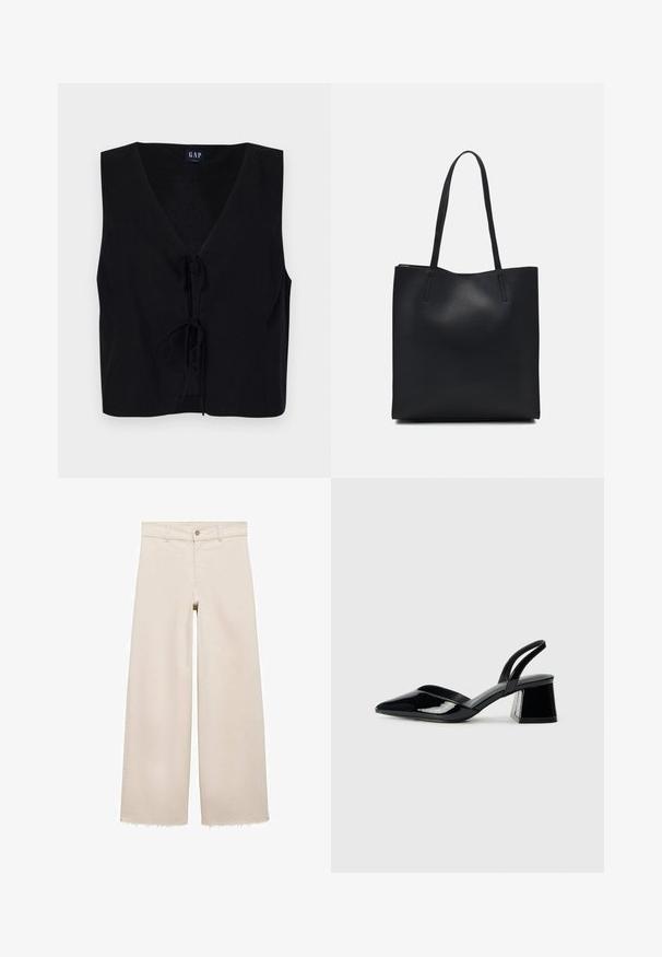 Mustat hihattomat paidat, joissa on V-pääntie ja edessä solmittava suljenta. Valmistettu sileästä kankaasta, jossa on teksturoitu pinta. Yksinkertainen muotoilu.; Beige leveleet jeansit, joissa on korkea vyötärö, napitus, etutaskut ja risat helmat. Valmistettu denim-kankaasta.; Mustat patentoitu nahkakengät, joissa on säären takaosa ja terävä kärki, sekä geometrinen palikkakorko. Sisältää tyylikkään, minimalistisen muotoilun ja sileän pinnan.; Mustapahkainen kangaskassi, jossa on sileä pinta, suorakaiteen muotoinen ja kaksi pitkää kahvaa. Ei näkyvää metalliosaa tai koristeita.