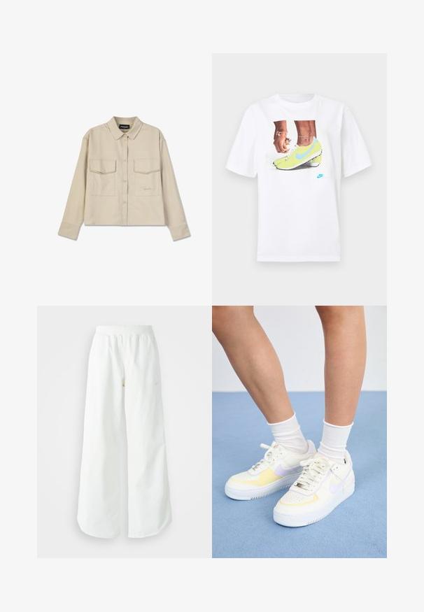 Smėlio spalvos marškiniai su apykakle, ilgomis rankovėmis ir dviem krūtinės kišenėmis. Turimos išsiuvinėtos logotipas ir sklandi, minkšta tekstūra.; Balta medvilninė marškinėlis su grafika, vaizduojančia kojas geltonose Nike sportinėse batuose su mėlynomis detalėmis, derinama su apyranke ant kairiojo riešo.; Balti sportiniai keliai su platėjančiomis kojomis, su įtemptu juosmeniu ir subtilia logotipo detale. Lygus audinys, laisvas kirpimas ir siaurėjantis apatinis kraštas.; Baltos odinės sportbačiai su geltonais ir levandų akcentais, apvaliu pirštu, plokščiomis raišteliais ir tekstūruota guma. Dėvimi su baltais kojinėmis.