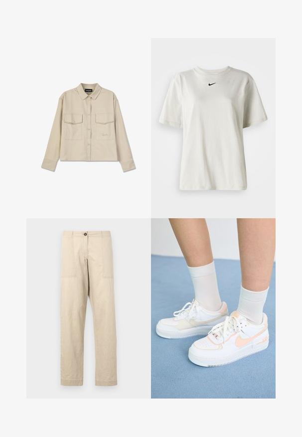 Smėlio spalvos marškiniai su apykakle, ilgomis rankovėmis ir dviem krūtinės kišenėmis. Turimos išsiuvinėtos logotipas ir sklandi, minkšta tekstūra.; Balta medvilnė marškinėliai su apvaliu kaklu ir trumpomis rankovėmis. Priekyje yra mažas juodas Nike logotipas. Paprastas ir nepuošnus dizainas.; Kreminės spalvos medvilninės kelnės tiesaus kirpimo, su šoninėmis kišenėmis, mygtuko uždarymu ir apkaustais. Glotni tekstūra ir minimalistinis dizainas.; Balti sportbačiai su persikų akcentais, lygus odinis paviršius, perforuota nosis, tekstūruotas padas ir raišteliai. Dėvimi su baltais džinsiniais kojinėmis ant mėlynos paviršiaus.
