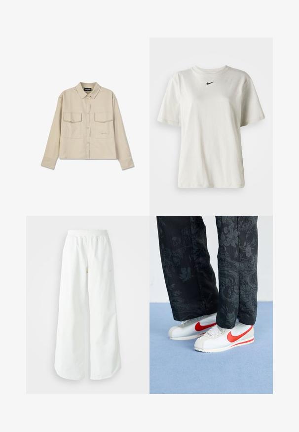Beige button-up shirt with a collar, long sleeves, and two chest pockets. Features embroidered logo and smooth, soft texture.; White cotton t-shirt with a round neckline and short sleeves. Features a small black Nike logo on the chest. Simple and unadorned design.; White wide-leg athletic pants with a ribbed waistband and subtle logo detail. Smooth fabric with a relaxed fit and tapered hem.; White Nike sneakers with red accents, paired with black pants featuring a floral pattern. Texture is smooth with a flat braid sole.