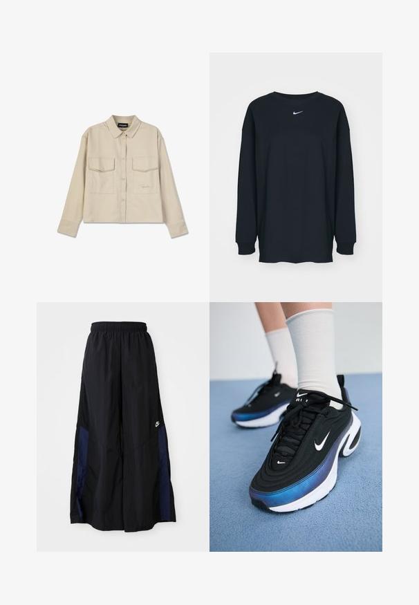 Beige overhemd met knopen, een kraag, lange mouwen en twee borstzakken. Bevat een geborduurd logo en heeft een gladde, zachte textuur.; Zwarte lange mouwen T-shirt van katoen met een ronde hals. Bevat een wit Nike-logo op de borst. Zachte textuur, eenvoudig ontwerp.; Zwarte wijdlopende broek van lichtgewicht stof, met een marineblauwe zijpaneel en een elastische tailleband. Klein wit logo onderaan.; Zwarte Nike sneakers met een glad bovenwerk van stof, voorzien van een verloop van blauw naar zwart, witte zool en opvallende logo-accenten.
