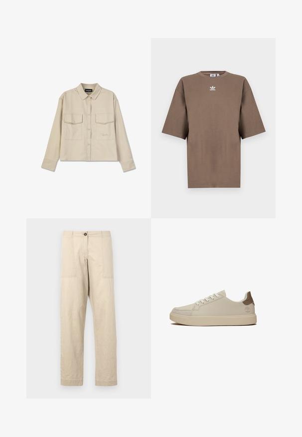 Camicia beige con colletto, maniche lunghe e due tasche sul petto. Presenta un logo ricamato e una texture liscia e morbida.; T-shirt in cotone marrone con maniche corte, collo tondo e logo Adidas bianco centrato sul petto, caratterizzato da un design semplice e una vestibilità comoda.; Pantaloni in cotone beige con taglio dritto, dotati di tasche frontali, chiusura con bottone e orli con risvolto. Tessuto liscio e design minimal.; Sneaker in pelle beige con punta arrotondata, suola piatta e lacci crema. Presenta un accento marrone sul tallone e un logo sul lato.