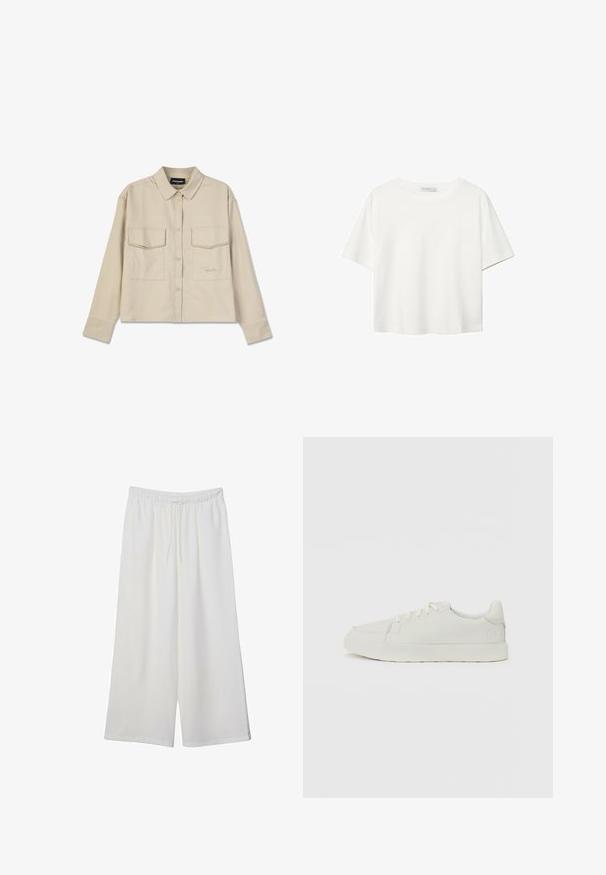 Beige Button-Up-Hemd mit Kragen, langen Ärmeln und zwei Brusttaschen. Verfügt über ein gesticktes Logo und eine glatte, weiche Textur.; Weißes T-Shirt mit kurzen Ärmeln aus Baumwolle. Hat einen Rundhalsausschnitt und eine lockere Passform. Glatte Textur ohne sichtbare Muster oder Akzente.; Weiße, weit geschnittene Hosen aus leichtem Stoff, mit einem elastischen Bund und einem Zugband für eine verstellbare Passform. Glatte Textur.; Weiße Sneaker mit glatter Textur, runder Zehenpartie und subtilen Stickdetails. Flache Schnürsenkel und ein Logoakzent an der Ferse. Minimalistisches Design.