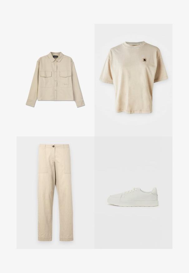 Béžová košeľa na gombíky s golierom, dlhými rukávmi a dvoma náprsními vreckami. Má vyšívané logo a hladkú, jemnú textúru.; Béžové bavlnené tričko s voľným strihom, okrúhlym výstrihom, krátkymi rukávmi a malou štvorcovou nášivkou na ľavej strane hrude.; Béžové bavlnené nohavice s rovný strihom, s prednými vreckami, zapínaním na gombík a manžetami na lemoch. Hladká textúra a minimalistický dizajn.; Biele tenisky s hladkým povrchom, okrúlym špičkou a jemnými švovými detailmi. Ploche šnúrky a akcent s logom na päte. Minimalistický dizajn.