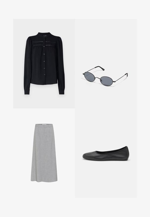Black long-sleeve blouse with a collared neckline, button front, pleated detailing below the yoke, and gathered cuffs. Soft textured fabric.; Gray, knee-length skirt with a smooth texture and subtle heather pattern. Features a flat front with pleats and a tailored waistband.; Black leather ballet flat with a rounded toe, smooth texture, minimal stitching detail, and a flexible sole design.; Black oval sunglasses with dark lenses and thin metal frames. Features slender arms with a subtle curve at the ends.
