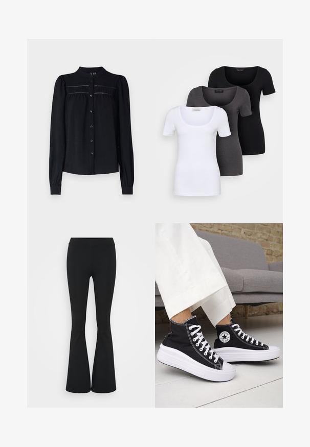 Bluză lungă neagră cu mâneci lungi, guler cu rever, închidere cu nasturi în față, detalii pliate sub umerii bluzei și manșete plisate. Material texturat moale.; Trei tricouri ajustate, în alb, gri și negru. Fiecare are un decolteu larg în formă de cerc și mâneci scurte. Fabricate dintr-un material neted și elastic.; Pantaloni negrii evazați dintr-un material elastic, având un talie înaltă și o textură netedă. Pantalonii se lărgesc de la genunchi.; Adidași negri înalți cu tălpi și șireturi albe din cauciuc. Prezintă o pată logo rotundă și cusături albe contrastante. Material din pânză.