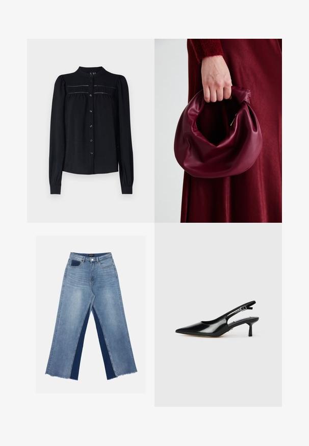 Čierna blúzka s dlhým rukávom, golierom, gombíkovým zapínaním, skladaním pod yoke a zhromaždenými manžetami. Mäkko štruktúrovaný materiál.; Svetlomodré široké džínsy so kontrastnými tmavomodrými panelmi, rozstrapkanými lemami a štandardným pásom so zapínaním na kovový gombík.; Čierne lakované slingback opätky s špicatou špičkou, tenkým opätkom a nastaviteľným prackovým remienkom. Hladká textura s minimálnym zdobením.; Burgundská kožená kabelka s mäkkým, zhromaždeným dizajnom a zaobleným tvarom. Rukoväť je pevne zaisťujúca a vystavuje hladkú textúru.