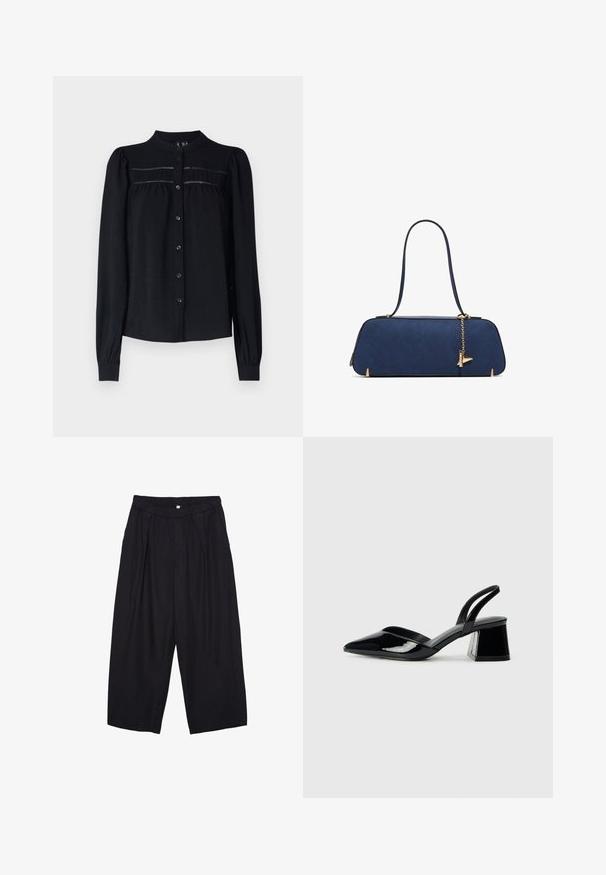 Schwarze Bluse mit langen Ärmeln, kragenloser Halsöffnung, Knopfleiste, plissierten Details unter dem Schulterbereich und gerafften Manschetten. Weicher, strukturierter Stoff.; Schwarze Polyester-Culotte mit einem elastischen Bund, zwei vorderen Falten und einer lockeren Silhouette. Keine sichtbaren Muster oder Hardware-Details.; Schwarze Lackleder-Slingback-High Heels mit spitzem Schuh und einem geometrischen Blockabsatz. Verfügt über ein schlankes, minimalistisches Design und eine glatte Textur.; ALDO THALELI - Handtasche - navy