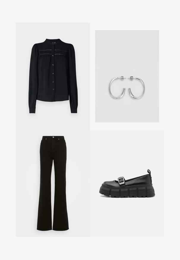 Schwarze Bluse mit langen Ärmeln, kragenloser Halsöffnung, Knopfleiste, plissierten Details unter dem Schulterbereich und gerafften Manschetten. Weicher, strukturierter Stoff.; Hoch taillierte schwarze Schlagjeans aus Denim, mit Knopfverschluss, seitlichen Taschen und glatter Textur.; Schwarze Plateauschuhe mit runder Spitze, Obermaterial aus glattem Leder, verstellbarem Schnallenverschluss und strukturiertem Gummisohle mit horizontalen Rillen.; Silberne Creolen mit einer glatten, glänzenden Oberfläche, einer gebogenen Form und einer Steckverschluss. Minimalistisches Design mit modernem Finish.