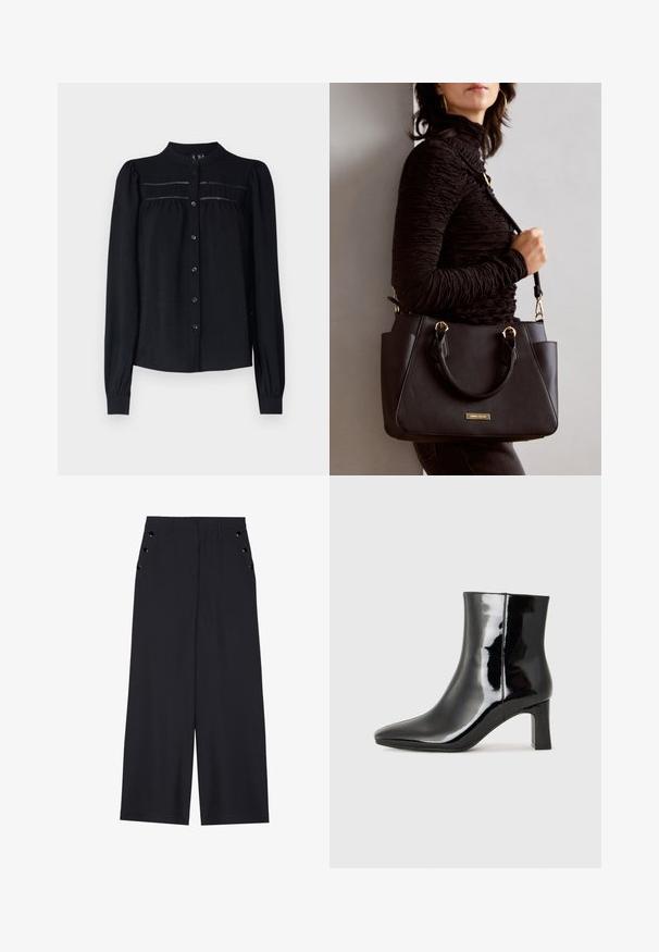 Musta pitkähihaisen pusero, jossa on kaulakanta, nappikiinnitys, poimutettu yksityiskohta yoke-aukossa, ja kerätty hihansuu. Pehmeä tekstuuri.; Avokkaat housut tummansinisestä kankaasta, joissa on sileä texture, etu laskokset ja koristeelliset kultasävyiset nauhat sivutaskuissa.; Musta patenttilakattu nilkkuri, jossa on terävä kärki ja keskipitkä lohkarekorko. Silkkinen pinta ja minimalistinen muotoilu.; Musta käsilaukku, jossa on teksturoitu pinta, kaksi yläkantta ja säädettävä olkahihna. Varustettu kultasävyisillä varusteilla ja sivutaskuilla.