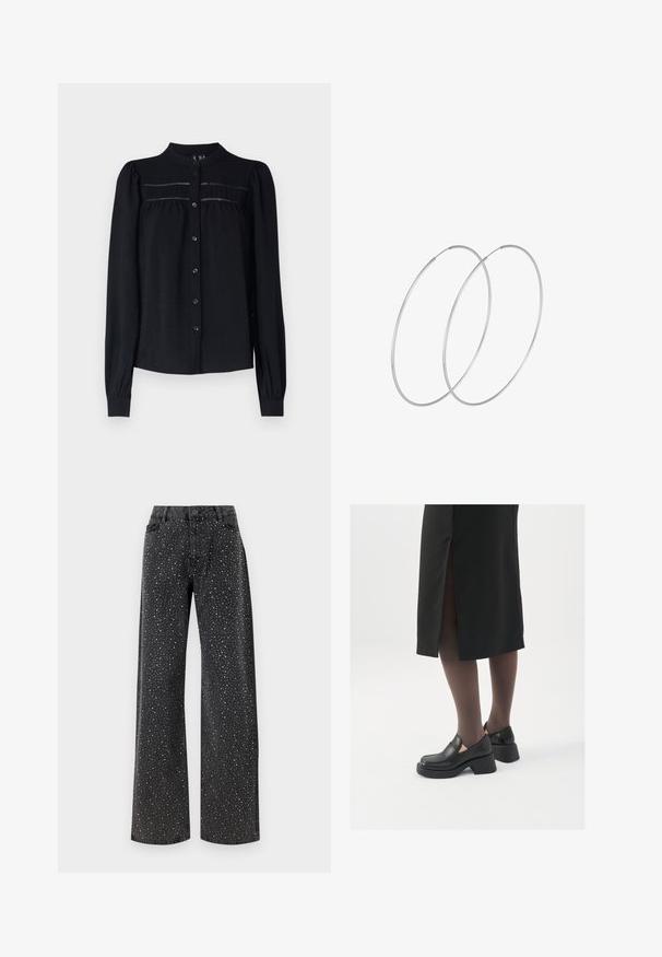 Musta pitkähihaisen pusero, jossa on kaulakanta, nappikiinnitys, poimutettu yksityiskohta yoke-aukossa, ja kerätty hihansuu. Pehmeä tekstuuri.; Noisy May NMJANNEL LOOSE - Relaxed fit -farkut - black denim; Mustat nahkakengät pyöreällä kärjellä, paksulla lohkopohjalla ja joustavilla sivuakkesseilla, yhdistettynä tummiin sukkahousuihin ja mustaan hameeseen, jossa on halkio.; Hopehope hopeilla, joissa on minimalistinen muotoilu. Pyöreä muoto, sileä pinta ja ohut profiili. Kevyet ja kiillotetut.