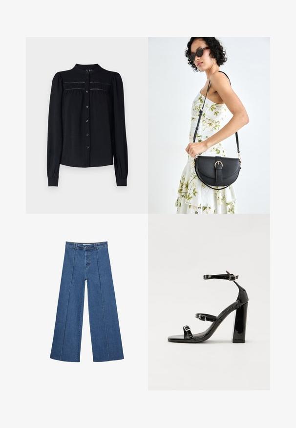 Blusa nera a maniche lunghe con collo a camicia, chiusura con bottoni sul davanti, dettagli plissettati sotto lo yugo e polsini arricciati. Tessuto morbido e texture.; Jeans in denim a gamba larga di blu medio, con vita alta, chiusura con bottone e dettagli delle cuciture verticali a contrasto lungo la parte anteriore.; Sandali con tacco in vernice nera, con punta squadrata, cinturini alla caviglia e fibbie in argento. Presentano un tacco a blocco spesso per maggiore stabilità.; Borsa a tracolla nera in pelle con una forma curva, manico rimovibile e accessori dorati. La borsa presenta una patta con un dettaglio a fibbia.