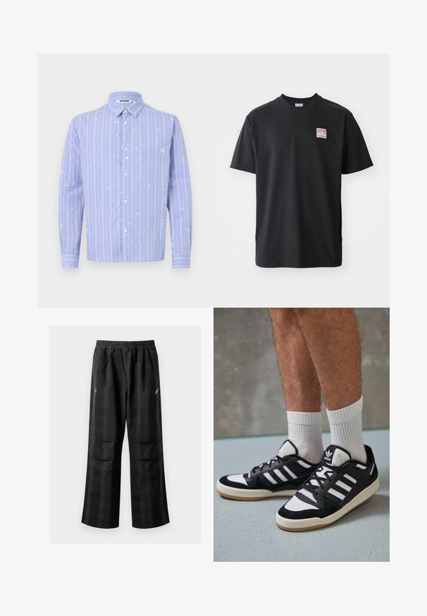 Lichtblauw overhemd met knopen, voorzien van witte verticale strepen en verfspetters. Bevat een kraag en lange mouwen.; Zwarte katoenen t-shirt met ronde hals, korte mouwen en een klein gekleurd label op de linkerkant van de borst met het woord "SUPERIOR."; Zwarte geruite broek met een elastische tailleband, twee voorzakken en een losse pasvorm met een rechte pijpdesign. Gemaakt van lichtgewicht materiaal.; Zwart-witte sneakers met een bovenwerk van suede en leer, voorzien van drie witte strepen, een geperforeerde neus en een rubberen gumzool.