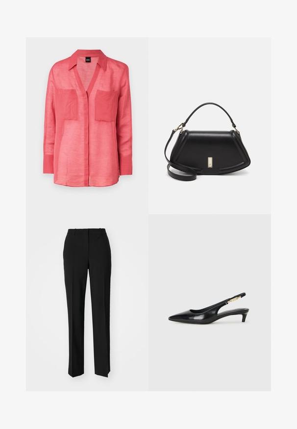Camicia di lino corallo con scollatura a V, chiusura bottonata e due taschini sul petto. Maniche lunghe con polsini a bottoni. Tessuto leggero e traspirante.; Pantaloni neri su misura con un design a gamba dritta, caratterizzati da una texture liscia e pieghe ben definite sul davanti. Senza hardware visibile.; Tacchi slingback in pelle nera con punta affusolata, caratterizzati da un tacco alto e un accento dorato sulla cinghia regolabile. Texture liscia.; Borsa a mano in pelle nera con un design strutturato, caratterizzata da una forma corta, manico superiore e accessori in metallo dorato. Inclusa tracolla regolabile.