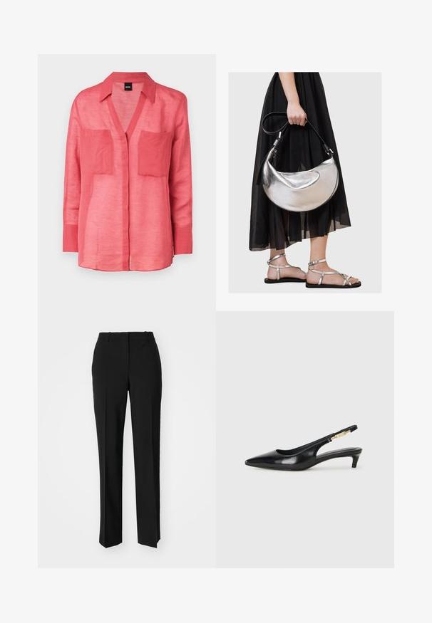 Koral linenskjorte med V-hals, knapper foran og to brystlommer. Lange ermer med knappelukking. Lett og pustende stoff.; Sorte skreddersydde bukser med rett silhuett, med en glatt tekstur og klare pressede bretter foran. Ingen synlig maskinvare.; Sorte lærreim hæler med spiss tå, som har en slank hæl og en gullfarget detalj på den justerbare stroppen. Glatt tekstur.; Metallisk sølv lærveske med en buet, halvmåneform og svart stropp. Båret med et svart, gjennomsiktig, flytende skjørt og sølvsandaler.