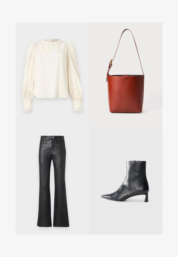 Cream blouse with high ruffled neck, intricate lace detailing, pleated front, and puffed sleeves. Cuffs feature vertical stripes and lace trim.; Black leather flared pants featuring a crinkled texture, high waist, front pockets, and a classic button closure with zip fly.; Black leather ankle boot with a pointed toe and a sleek design. Features a low heel and a zipper closure at the back. Smooth texture.; Brown leather bucket bag with adjustable shoulder strap and gold-tone buckle, simple vertical seam detail on front.