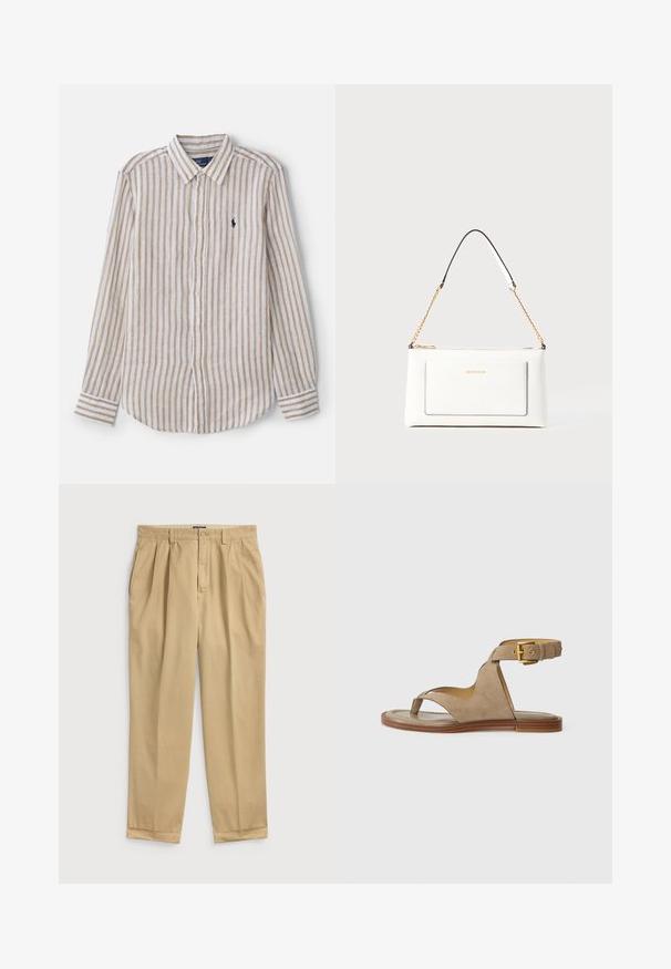 Camisa de mangas longas com riscas em branco e bege, com colarinho abotoado, apresentando um pequeno logotipo no peito e riscas contrastantes nos punhos.; Calças de algodão bege claro com um corte confortável, apresentando pregas frontais, bolsos laterais e uma bainha com dobra.; Sandália de camurça bege com laço para os dedos, laterais abertas e uma ampla tira no tornozelo com fivela dourada. Sola plana castanha com um leve destaque.; Bolsa de mão branca em couro com acabamento texturizado, featuring a corrente dourada e detalhes pretos. Inclui um bolso frontal e fecho com zipper.