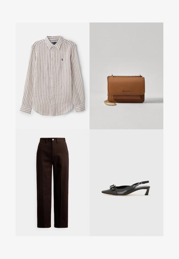 Pruhovaná košile s dlouhým rukávem v bílé a béžové barvě s rámovým límečkem, vybavená malým logem na hrudi a kontrastními pruhy na manžetách.; Tmavě hnědé kalhoty rovného střihu s knoflíkovým a zipovým zapínáním, poutky na pásek a předními kapsami na bílém pozadí.; Černé kožené sandály s úzkou špičkou, malým podpatkem a dekorativní sponou na nártu. Hladký povrch, minimalistický design.; Hnědá texturovaná kožená kabelka přes rameno se zlatým řetízkovým popruhem a klopnovým uzavíráním. Přední strana obsahuje detail loga a kapsu pod klopou.