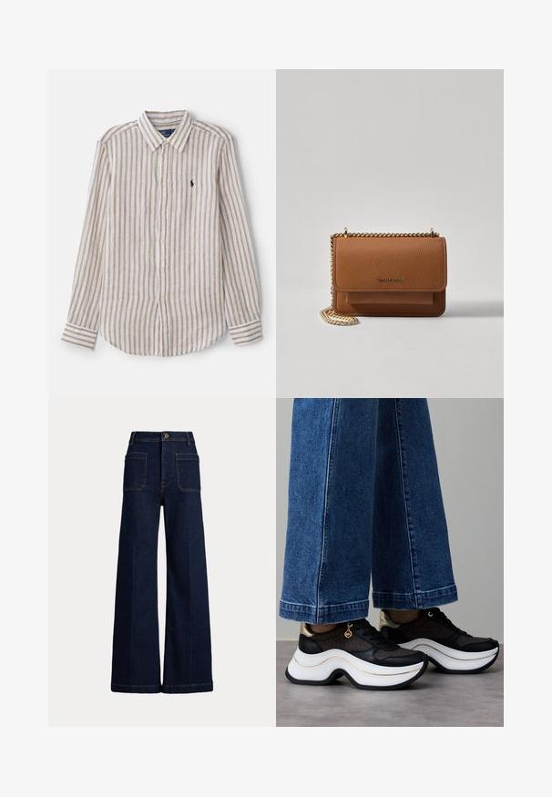 Dryžuota balta ir smėlinė ilgomis rankovėmis marškiniai su mygtukų uždarymu, su mažuoju logotipu ant krūtinės ir kontrastingomis rankogalių juostelėmis.; Plati kojų tamsiai mėlynos džinsinės kelnės su aukštu liemeniu, penkių kišenių dizainu ir kontrastingomis siūlėmis. Yra mygtuko uždarymas ir struktūrizuota forma.; Juodi ir auksiniai sportbačiai su išlenktu balto padažo padu. Tekstūruotas audinys su logotipo akcentais. Derinami su plačiomis mėlynos spalvos džinso kelnėmis.; Ruda tekstūruota odinė per petį nešama rankinė su auksiniu grandininiu dirželiu ir užlenkiamo užsegimo. Priekinėje pusėje yra logotipo detalė ir kišenė po užlenkimu.