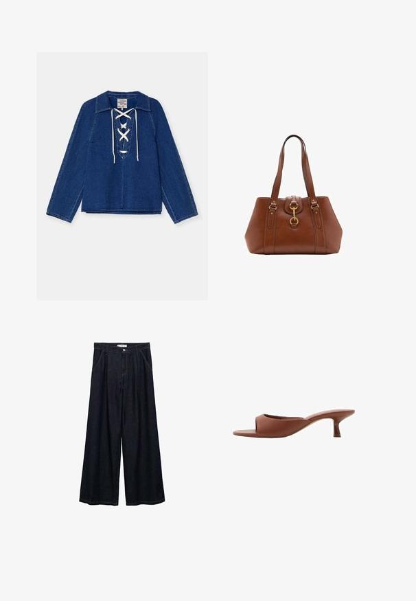 Baum und Pferdgarten MADIA - Bluse - dark sailor blue; Mørk denim bredbenede bukser med høj talje, der har en frontlukning med knap, to sidelommer og syningsdetaljer.; Brune åbne tå hæle mules med en glat, mat finish, der har et buet design og en gennemsigtig, afsmalnende hæl.; Brun lædertaske med dobbelte stropper, rund form, guldfarvet hardware og en central spænde detalje. Glat tekstur med syninger.