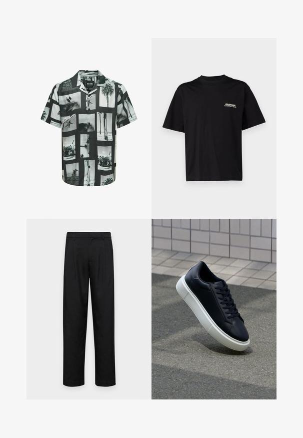 Majica s kratkimi rokavi z printom kolaža črno-belih fotografij. Ima gumbe spredaj in izrez za kamp. Narejena je iz lahkih materialov.; Črna bombažna majica s kratkimi rokavi, okroglo ovratnico in tiskom na sprednjem levem prsnem delu v beli in zlati barvi, ki ima sproščen kroj.; Črne hlače iz gladkega materiala, s krojem ravne noge, dvema sprednjima pregiboma in standardnim pasom z zankami za pas.; Črne usnjene superge z zaobljenim prstom in belim gumijastim podplat. Imajo ravne vezalke in minimalno šivanje na zgornjem delu. Teksturirani podplat za oprijem.