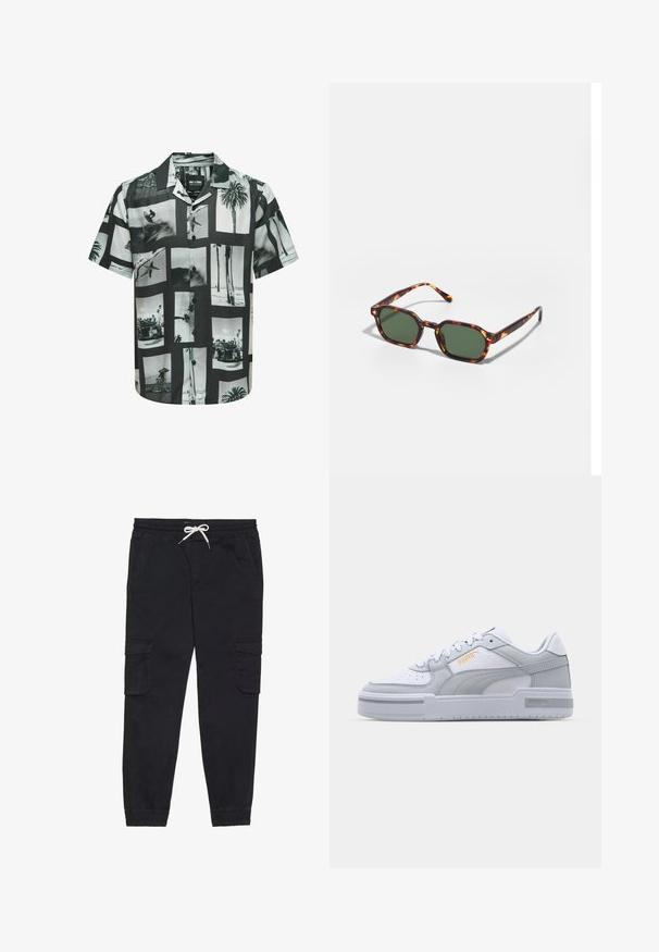 Lyhythihainen paita, jossa on mustavalkoinen valokuvakollaasi. Edessä napit ja leirikenta. Valmistettu kevyestä kankaasta.; Mustat cargo-housut, jotka on valmistettu puuvillasta ja joissa on elastinen vyötärönauha kiristysnyörillä, sivutaskut ja kapenevat lahkeet.; Harmaat ja valkoiset lenkkarit, joissa on sileä nahkapinta, rei'itetty varvastoppa, nauhakiinnitys, teksturoituja yksityiskohtia ja hillitty kultainen logo.; Kilpikonnakuosiset aurinkolasit vihreillä linsseillä, joissa on oktaalinen muoto ja kapeat, kaarevat varret. Materiaalissa on kiiltävä pinta.