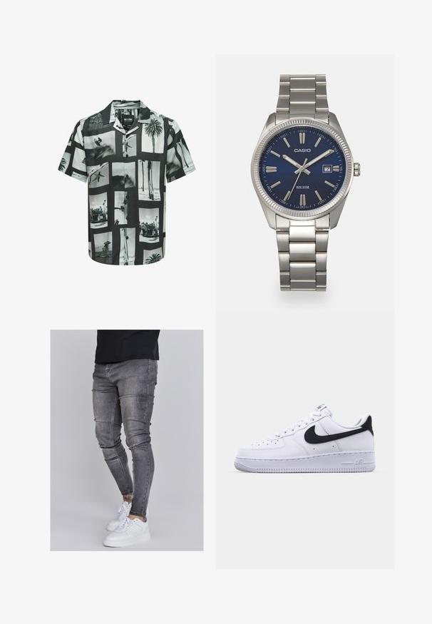 Camicia a maniche corte con stampa a collage di foto in bianco e nero. Presenta bottoni sul davanti e colletto da campeggio. Realizzata in tessuto leggero.; Jeans skinny in denim grigio sbiadito, con dettagli strappati sulle ginocchia, abbinati a sneakers bianche. Texture liscia, design slim fit.; Sneaker bianca in pelle con un Swoosh nero testurizzato, lacci piatti e una suola in gomma con un motivo a righe. "AIR" è impresso sul tallone.; Orologio da polso in acciaio inossidabile argento con quadrante blu navy, indici metallici e finestra della data alle 3. Resistente all'acqua fino a 50 metri.