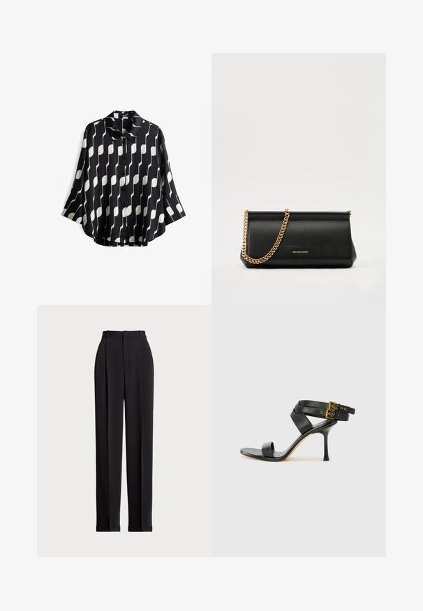 Zwart-wit gestreepte shirt met kraag, knopen aan de voorkant, driekwart mouwen en glad, lichtgewicht stof. Normale pasvorm.; Zwarte op maat gemaakte broek met een hoge taille, voorzien van plooien aan de voorkant, een recht gesneden ontwerp en een omslagrand. Gemaakt van een soepele stof.; Zwarte hoge hak sandaal met gekruiste bandjes en verstelbare gespsluiting. Heeft een gladde textuur en een taps toelopende stilettohak.; Zwarte leren clutch tas met een gouden kettinghengsel, voorzien van een gladde textuur, rechthoekige vorm en reliëfmerk op de voorkant.