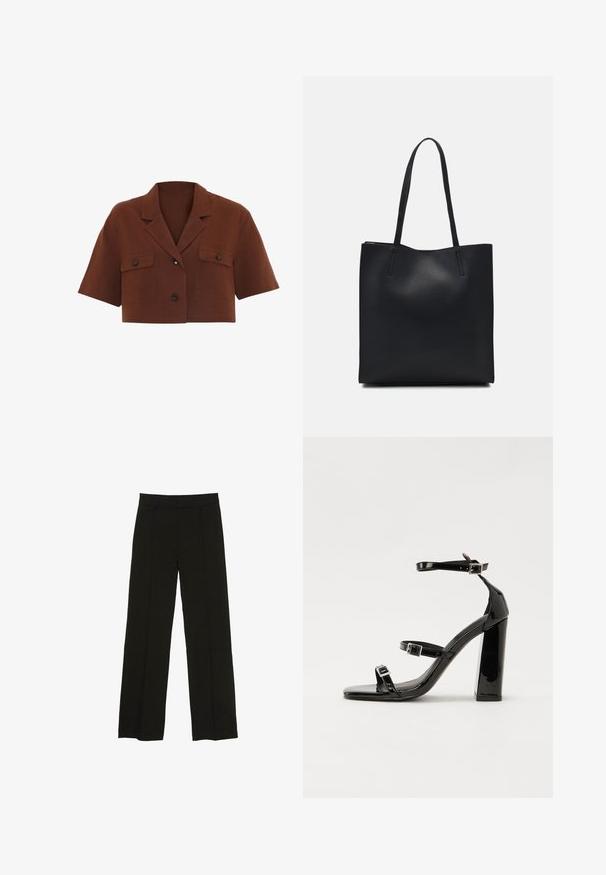 Förkortad brun skjorta i ett lätt tyg med korta ärmar, inskärning i kragen, två framfickor och två knappar.; Svarta vida byxor tillverkade av ett mjukt tyg, med en åtsittande midja och subtila framveck för en extra textur.; Svarta lackerade klacksandaler med fyrkantig tå, ankelremmar och silverfärgade spännen. Har en kraftig blockklack för stabilitet.; Svart lädertoffelväska med slät textur, rektangulär form och två långa handtag. Ingen synlig hårdvara eller dekorationer.