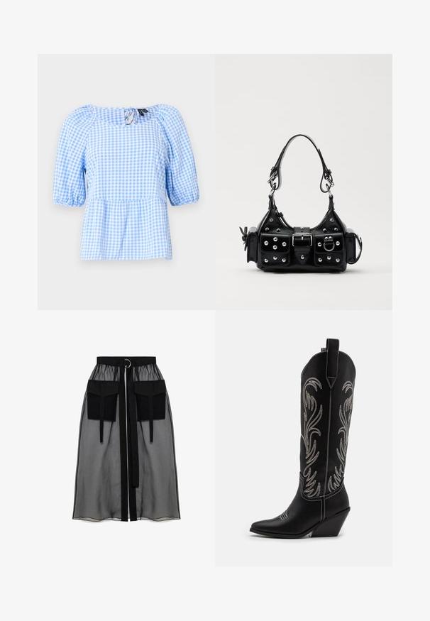 Blúzka s modro-bielym károvaným vzorom, ktorá má zhrnutý výstrih a krátke puffové rukávy, s peplum lemom a detailom v tvare kľúčovej diery na zadnej strane.; Čierna priesvitná sukňa s naťahovacím pásom, ktorá má dve veľké predné vrecká, opasok na viazanie a kruhový kovový akcent.; Čierne kožené kovbojské čižmy s špicatými prstami, klinovými podpätkami a striebornými vyšívanými kvetinovými vzormi po celej dĺžke. Kontrastné šitie po celom povrchu.; Čierna kožená kabelka s zakriveným dizajnom, doplnená striebornými cvočkami, prackou a dvoma bočnými vreckami. Nastaviteľný popruh poskytuje rôzne možnosti nosenia.