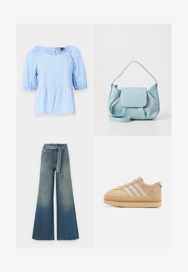 Sininen ja valkoinen ruudullinen paita, jossa on kerätty kaulus ja lyhyet puffihihat, peplum-helma ja avainaukko takana.; Yksiväriset farkut leveällä lahkeella, joissa on vaaleasta tummansiniseen häipyvä väri, korkea vyötärö, vyölenkit ja yhteensopiva kangasvyö. Rakennefarkkujen pinta.; Beige mokasíny s platformou z semiše, bílé tři pruhy, kulatá špička a béžová gumová podrážka s akcentem zlatého loga na boku.; Vaaleansininen nahkakäsilaukku, jossa on yläkahva, etutasku kannella ja irrotettava rannetuki valkoista taustaa vasten.