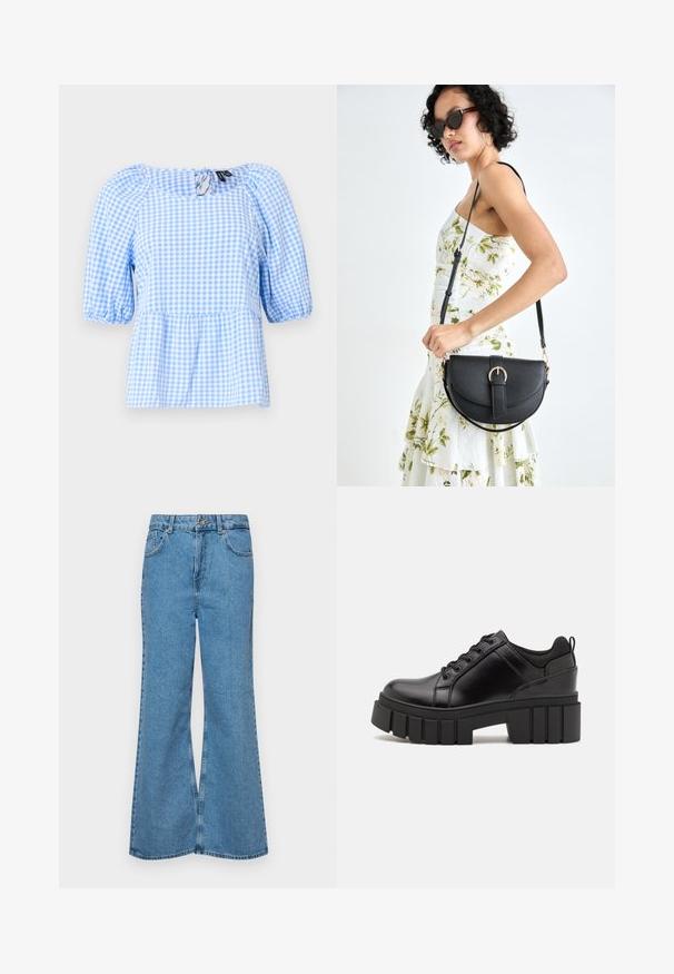 Blúzka s modro-bielym károvaným vzorom, ktorá má zhrnutý výstrih a krátke puffové rukávy, s peplum lemom a detailom v tvare kľúčovej diery na zadnej strane.; Svetlomodré rozšírené džínsy vyrobené z denimu, s vysokým pásom, piatimi vreckami a jednopoložkovým zapínaním na gombík. Mäkká textúra s vyblednutým povrchom.; Čierne kožené platformy s masívnym blokovým podpätkom, okrúhlou špičkou a tradičným šnurovaním. Má hladký povrch a minimálne detaily.; Čierna kožená kabelka s zaobleným tvarom, odnímateľným popruhom a zlatými doplnkami. Kabelka má klopu s detailom s prackou.