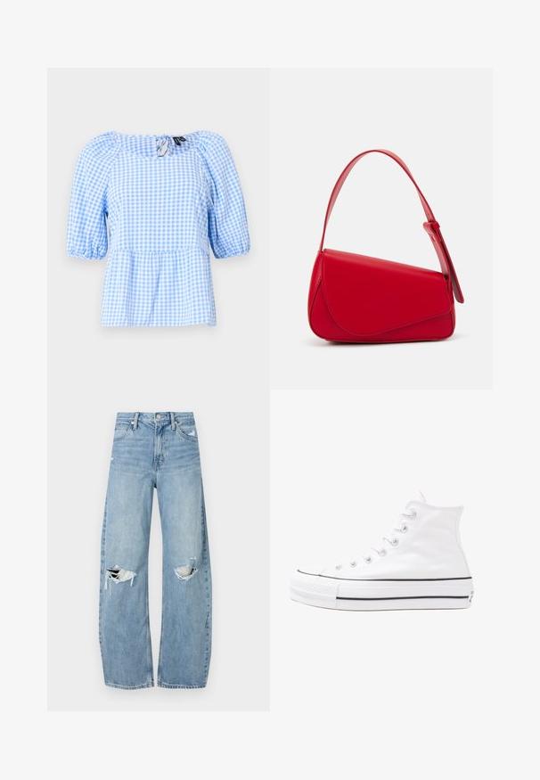 Blå og hvit rutebluse med samlet utringning og korte puffermer, med peplum-søm og detalj med nøkkelhull bak.; Lyseblå høytlivsjeans laget av denim. Har vide bein, to revne knær og klassisk fem-lommers design.; Hvit høy-skinn kanvas sneakers med svart gummisåle, gummitåhette foran og seks hull for snorer, med et rent, minimalistisk design.; Rød lærveske med en vinklet, geometrisk design. Har en enkelt justerbar stropp og en klaffelukking med sydd detaljer.