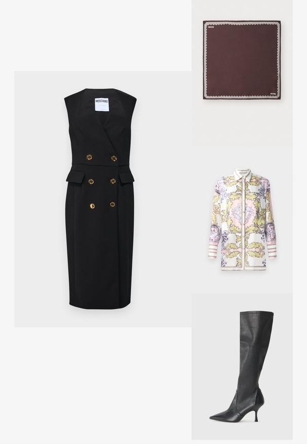 Chemise boutonnée à manches longues présentant un motif baroque rose, jaune et violet, avec un col blanc contrastant et des poignets rayés.; Robe noire à double boutonnage avec design sans manches, boutons dorés et poches latérales. Coupe ajustée avec une silhouette structurée.; Bottes en cuir noir arrivant jusqu'aux genoux avec un bout pointu et un talon aiguille fin. Texture lisse avec un design ajusté et des coutures au bord supérieur.; Écharpe carrée marron foncé avec une bordure en dentelle blanche et le logo Moschino dans des coins opposés sur un fond blanc.