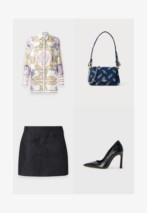 Long-sleeve button-up shirt featuring a pink, yellow, and purple baroque pattern, with a contrasting white collar and striped cuffs.; Dark denim skirt with a straight cut, featuring two front pockets and subtle texture. Clean hemline and standard waistband design.; Black pointed-toe high heel shoe with a crocodile-skin texture, featuring a sleek design, high stiletto heel, and smooth black interior.; Navy blue fabric handbag with a textured design, silver hardware, and a detachable chain strap. Features a flap closure and logo accent.; Silver earrings featuring a circular hoop, adorned with sparkling stones and a teardrop pearl pendant. Distinctive design with intricate accents.