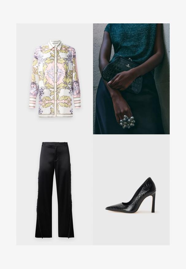 Langärmliges Button-Up-Hemd mit einem barocken Muster in Rosa, Gelb und Lila, kontrastierend mit einem weißen Kragen und gestreiften Manschetten.; Schwarze Satin-Hosen mit weitem Bein, die Fransenverzierungen entlang der Seitennähte und einen flachen, elastischen Bund haben. Rückseite schlicht ohne Taschen.; Schwarzer, spitz zulaufender High Heel mit Krokodilleder-Struktur, elegantem Design, hohem Stiletto-Absatz und glattem schwarzen Innenraum.; Schwarze Clutch-Tasche im Kroko-Design mit silbernen Beschlägen, vor einem strukturierten grauen Hintergrund gehalten. Verfügt über eine glänzende Oberfläche.