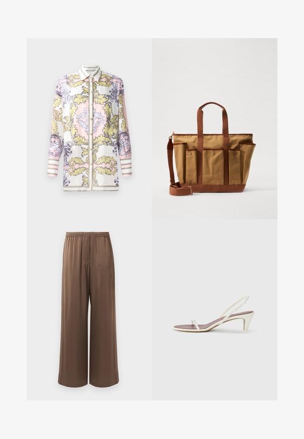 Camicia button-up a maniche lunghe con un motivo barocco in rosa, giallo e viola, dotata di un colletto bianco a contrasto e polsini rigati.; Pantaloni larghi marroni con cintura elastica e tessuto liscio, esposti su uno sfondo bianco semplice.; Sandali slingback bianchi con un leggero tacco, sottili cinturini e una superficie in pelle liscia; presentano una piccola fibbia decorativa.; Vanessa Bruno CABAS MULTIPOCH - Shopping bag - capuccino